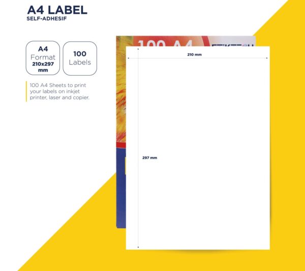 Feuilles autocollantes A4 210x297mm de 100 étiquettes. Compatibles avec les imprimantes jet encre, laser et photocopieur. Garantie sans bourrage.