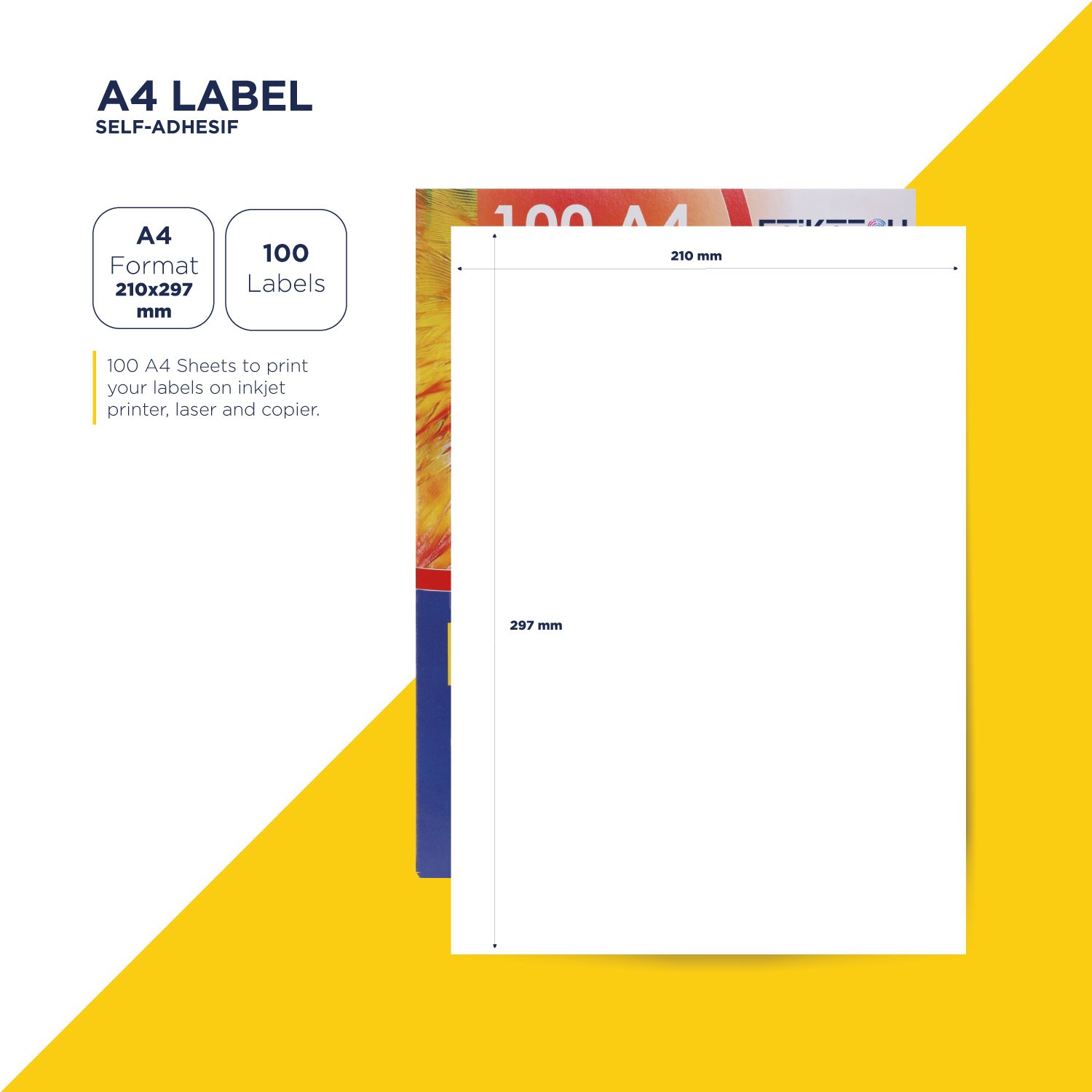 Feuilles autocollantes A4 210x297mm de 100 étiquettes. Compatibles avec les imprimantes jet encre, laser et photocopieur. Garantie sans bourrage.
