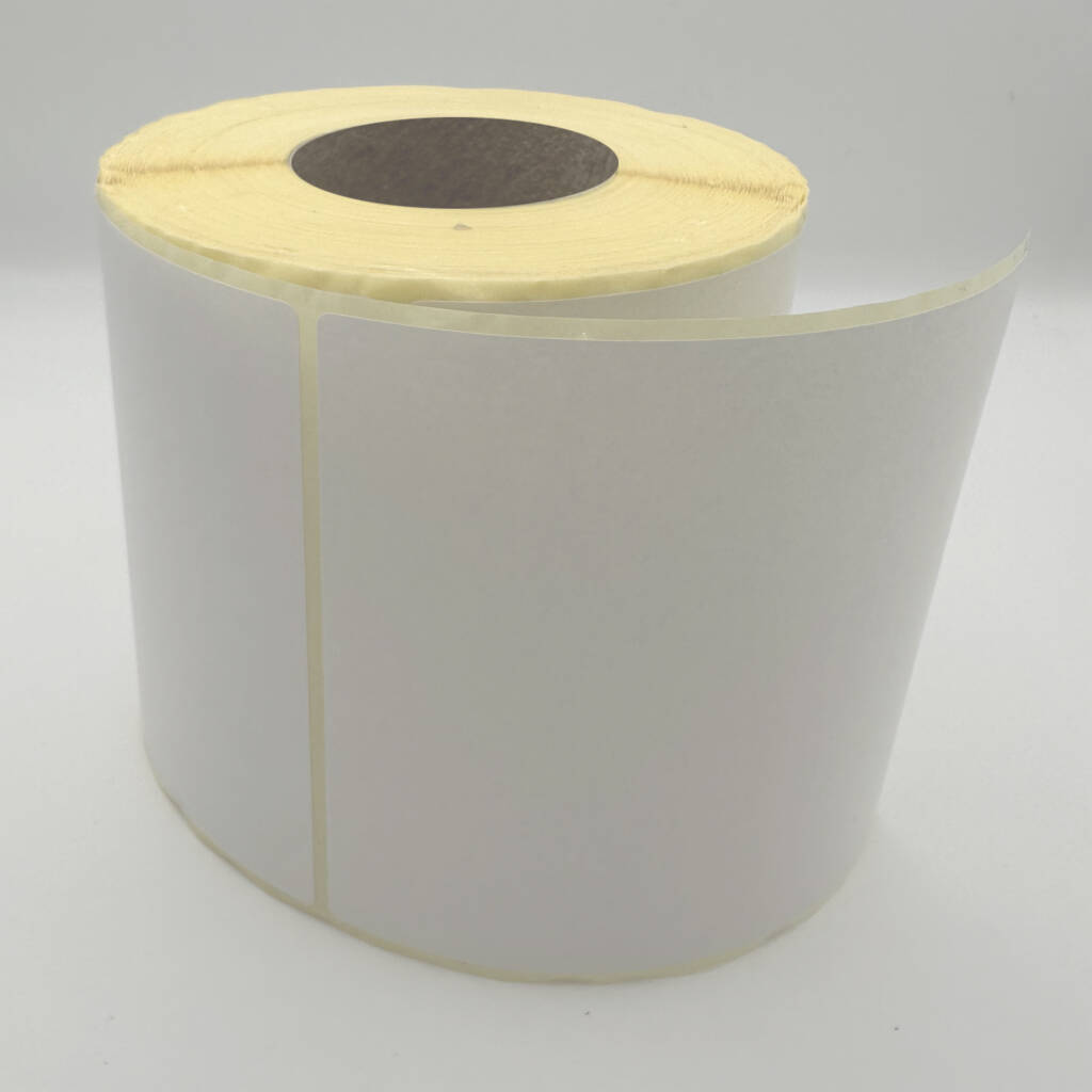 Étiquette vierge 100x150 mm, papier blanc mat de mandrin 76mm. 1000 étiquettes par rouleau, compatibles avec les imprimantes thermiques.