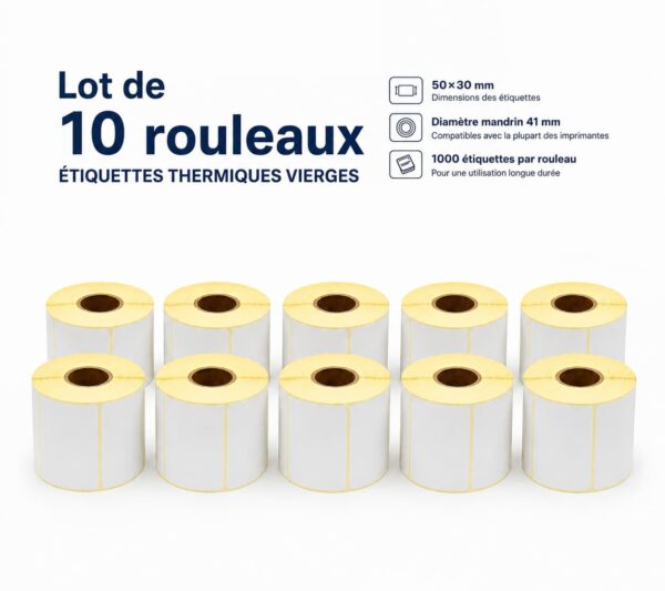 Lot de 10 rouleaux d'étiquettes thermiques vierges, 50 × 30 mm, mandrin 41 mm. 1000 étiquettes par rouleau. Compatible avec les imprimantes thermiques.