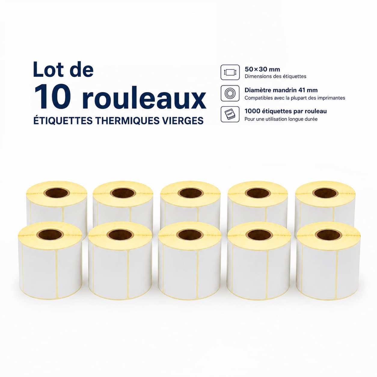 Lot de 10 rouleaux d'étiquettes thermiques vierges, 50 × 30 mm, mandrin 41 mm. 1000 étiquettes par rouleau. Compatible avec les imprimantes thermiques.