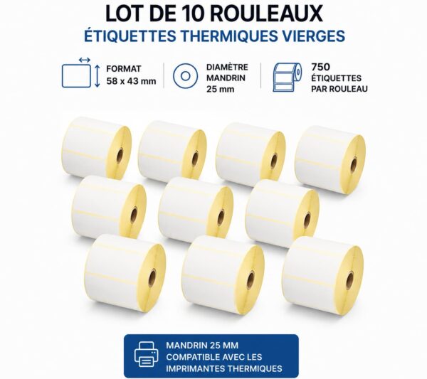 Lot de 10 rouleaux d'étiquettes thermiques vierges 58 × 43 mm – Mandrin 25 mm – 750 étiquettes par rouleau – Compatible avec les imprimantes thermiques
