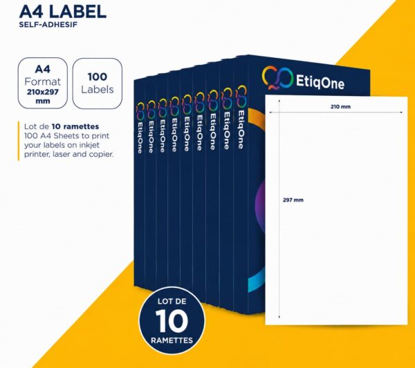 Lot de 10 ramettes de feuilles autocollantes A4 210 × 297 mm – 100 étiquettes par ramette – Compatibles avec les imprimantes jet d'encre, laser et photocopieurs – Garantie sans bourrage