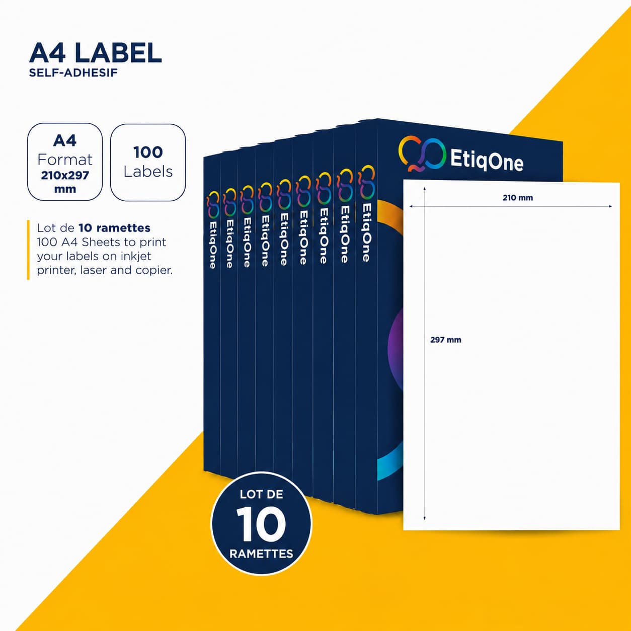 Lot de 10 ramettes de feuilles autocollantes A4 210 × 297 mm – 100 étiquettes par ramette – Compatibles avec les imprimantes jet d'encre, laser et photocopieurs – Garantie sans bourrage