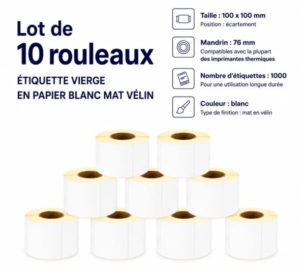 Lot de 10 bobines d'étiquettes vierges 100 × 100 mm, en papier blanc mat vélin, avec un mandrin de 76 mm.