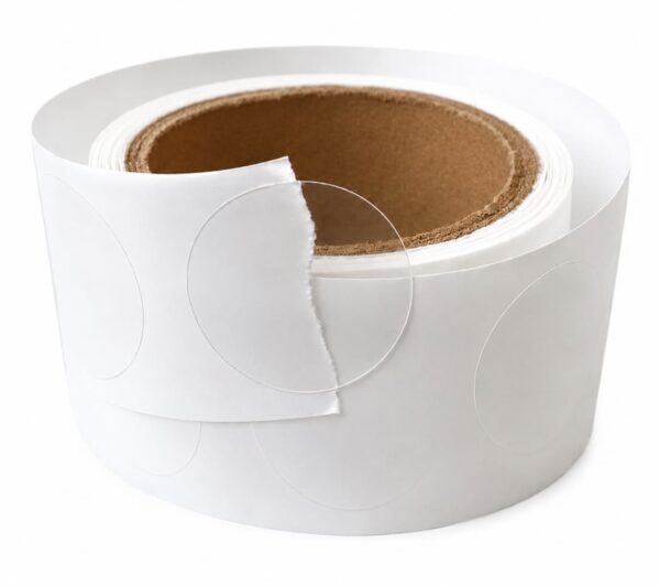 Bobine d'étiquettes autocollantes transparentes Ø 22 mm en polypropylène (PP), idéales pour une fermeture discrète et pratiquement invisible.