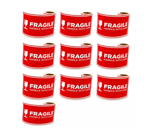 Lot de 10 Bobines –Étiquettes Adhésives "FRAGILE" (96 × 170 mm) – 300 Étiquettes