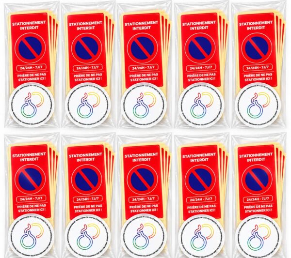 Lot de 10 Pochettes d’Étiquettes Adhésives « Stationnement Interdit 24h/24 – 7j/7 – Prière de ne pas stationner ici ! » – 100 × 50 mm – 200 Étiquettes
