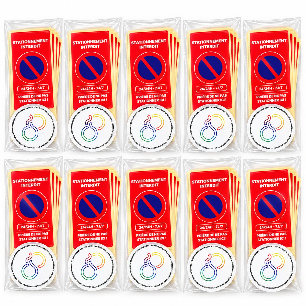 Lot de 10 Pochettes d’Étiquettes Adhésives « Stationnement Interdit 24h/24 – 7j/7 – Prière de ne pas stationner ici ! » – 100 × 50 mm – 200 Étiquettes